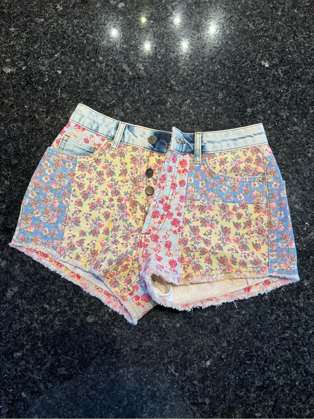 Floral Patchwork Denim High-Rise Jean Shorts